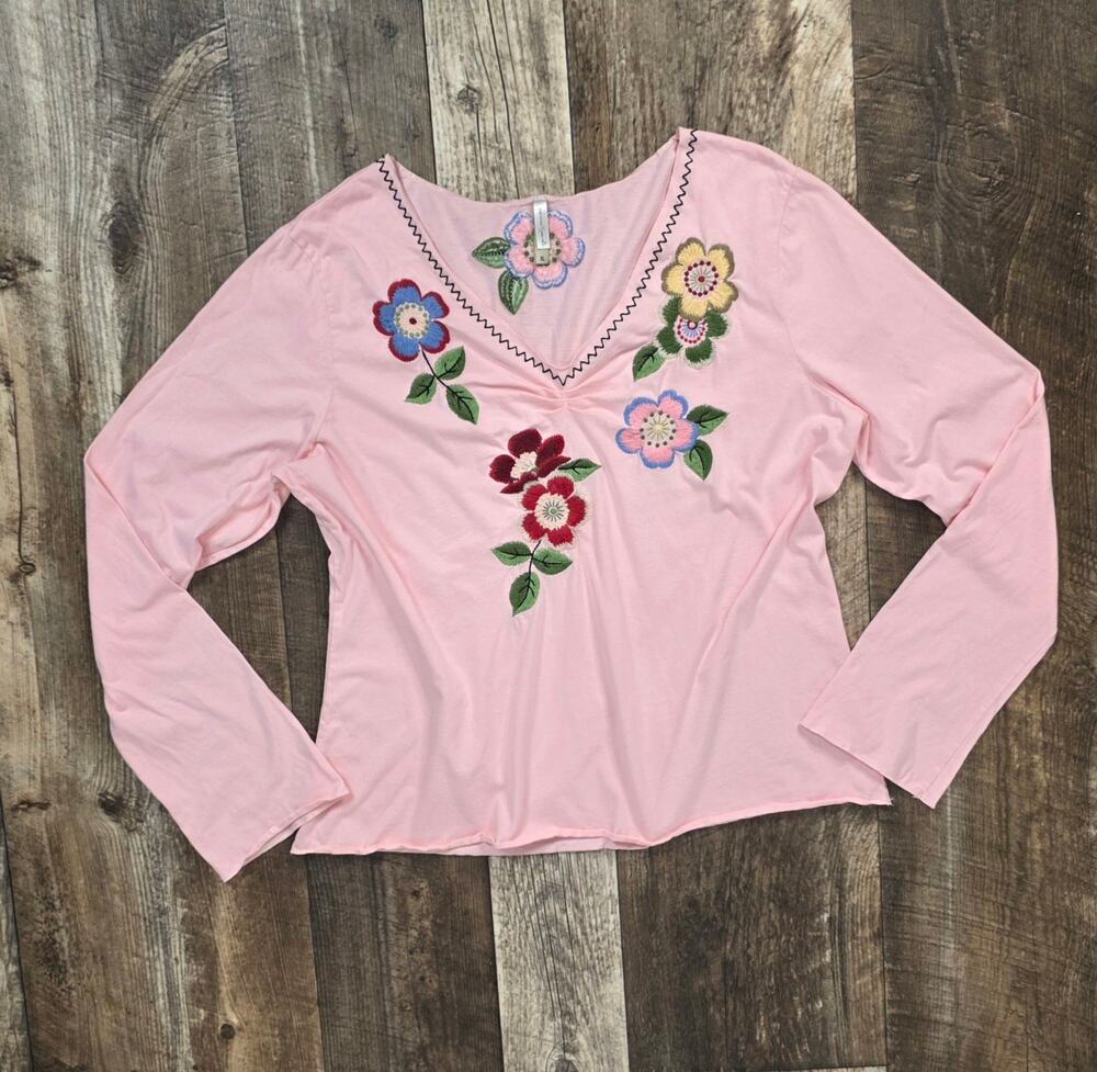 Y2K Pastel Pink Embroidered Floral Long Sleeve Top V Neck Boho Size XL Fairy